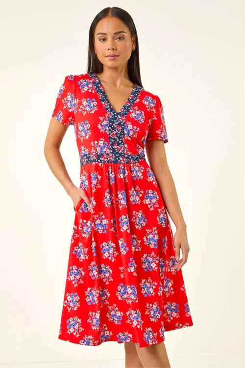 Roman Red Petite Floral Contrast Stretch Midi Dress - 8 Image 4