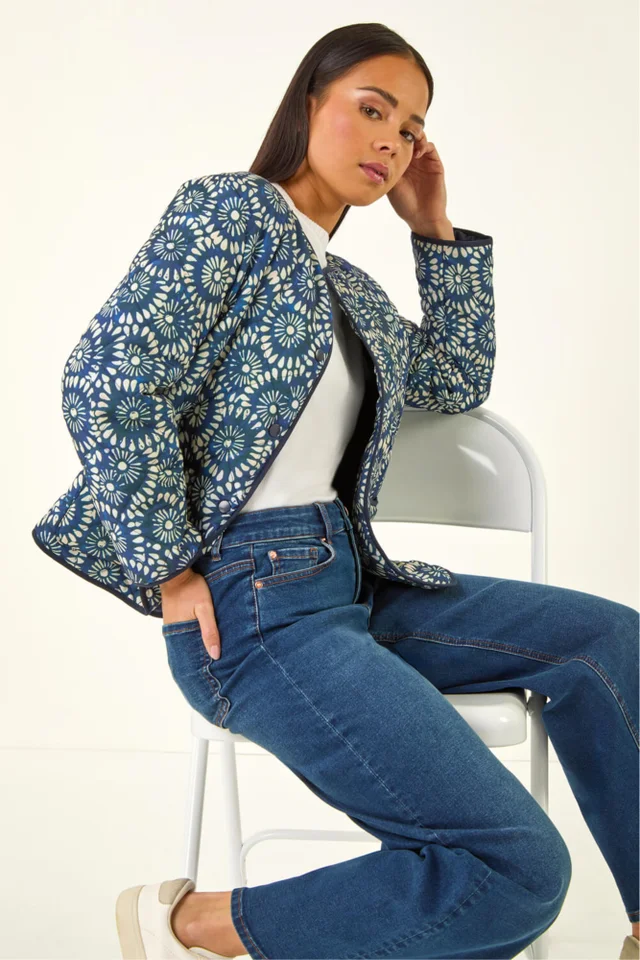 Roman Navy Petite Geo Quilted Puffer Jacket