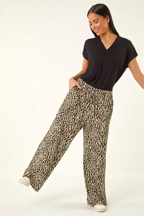 Roman Khaki Petite Animal Wide Leg Trouser - Size 14 Image 1