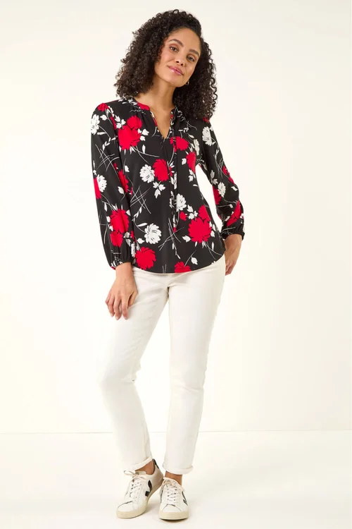 Roman Red Floral Tile Print Stretch Top - Size 14 Image 2