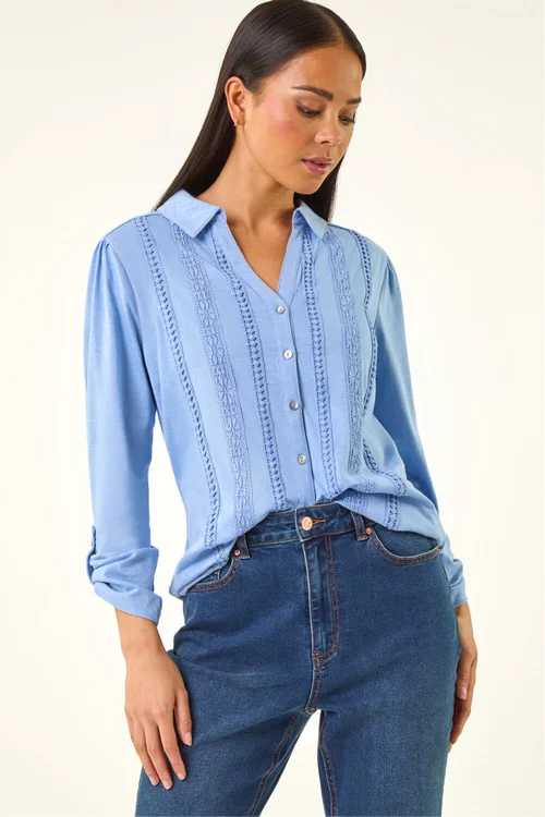 Roman Blue Petite Cotton Lace Trim Blouse - Size 14 Image 4