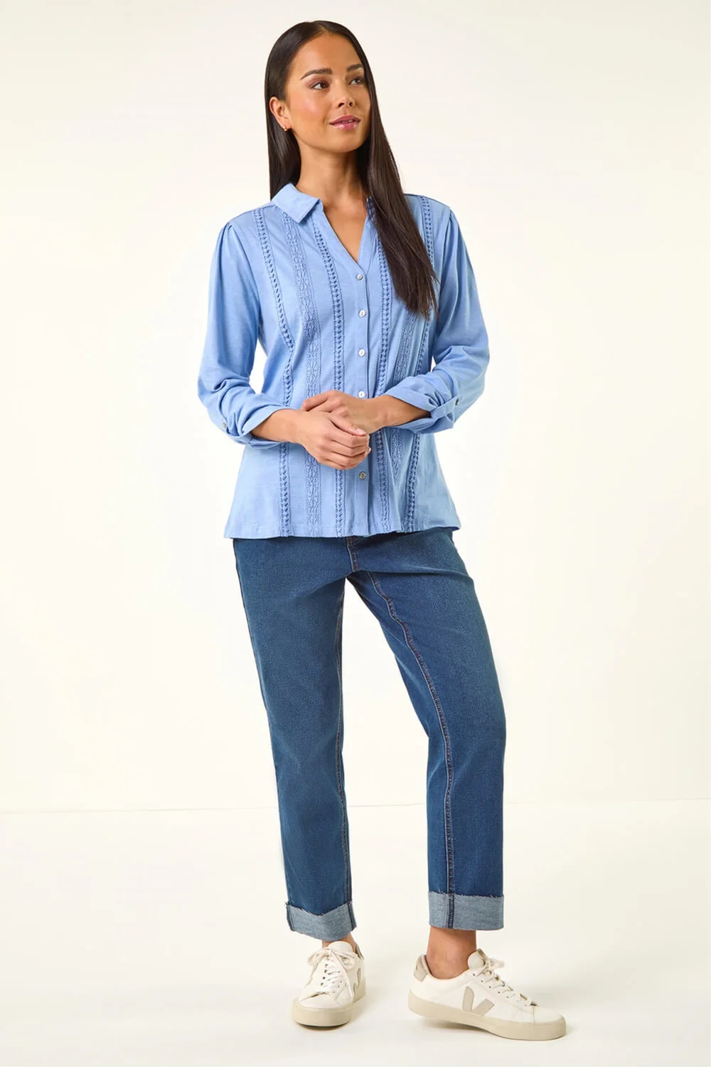 Roman Blue Petite Cotton Lace Trim Blouse - Size 14 Image 2