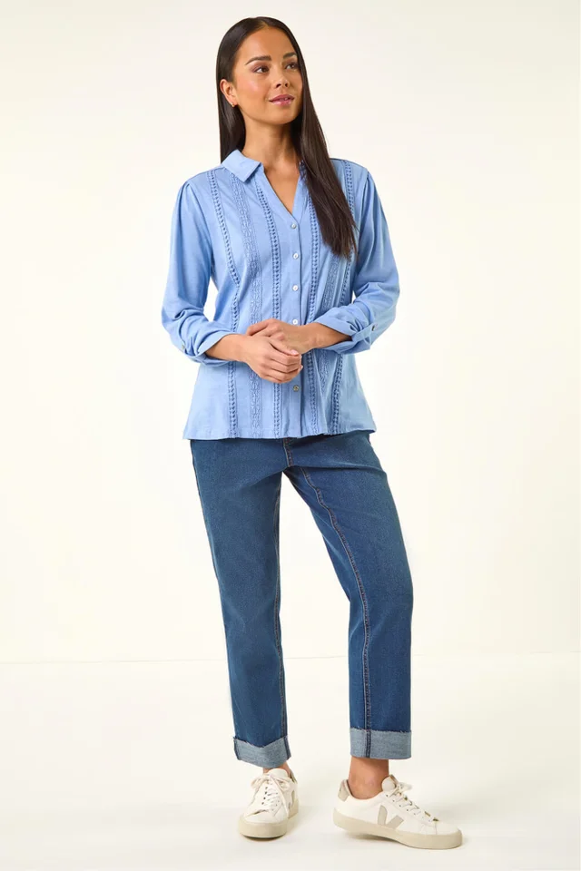 Roman Blue Petite Cotton Lace Trim Blouse