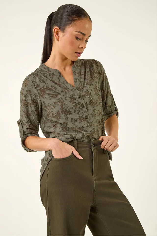 Roman Khaki Petite Burnout Print Button Shirt