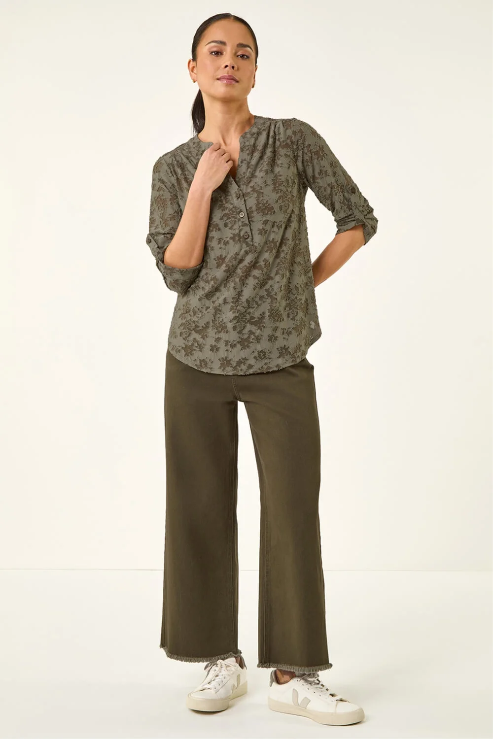 Roman Khaki Petite Burnout Print Button Shirt - 12 Image 2