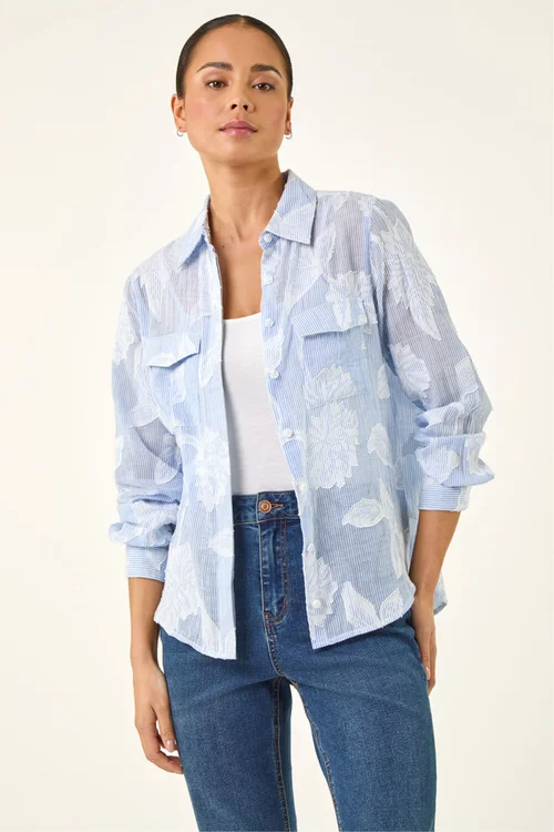 Roman Blue Petite Floral Jacquard Buttoned Blouse - Size 14 Image 4