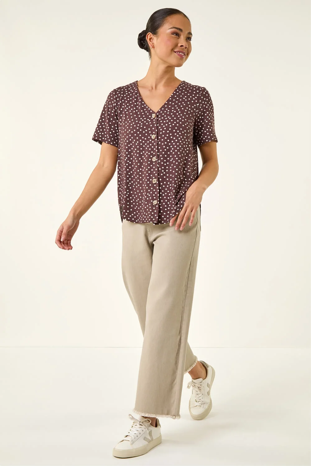 Roman Chocolate Petite Spot V-Neck Blouse - Size 18 Image 2