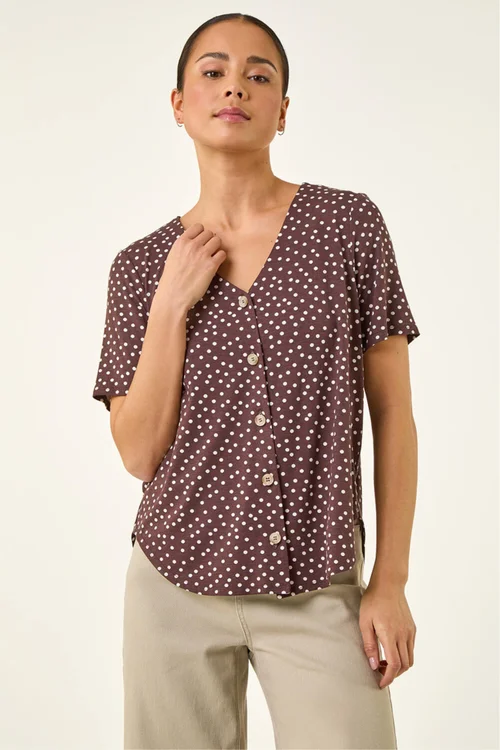 Roman Chocolate Petite Spot V-Neck Blouse - Size 18 Image 4