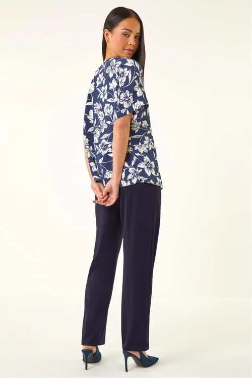 Roman Navy Petite Floral Print Button Top - 12 Image 3