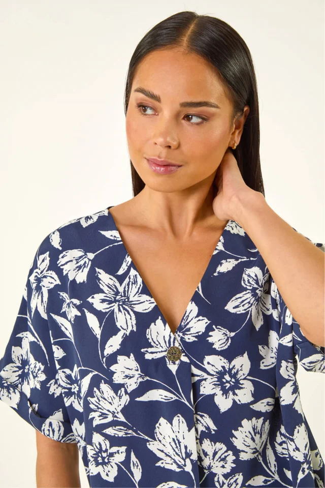 Roman Navy Petite Floral Print Button Top