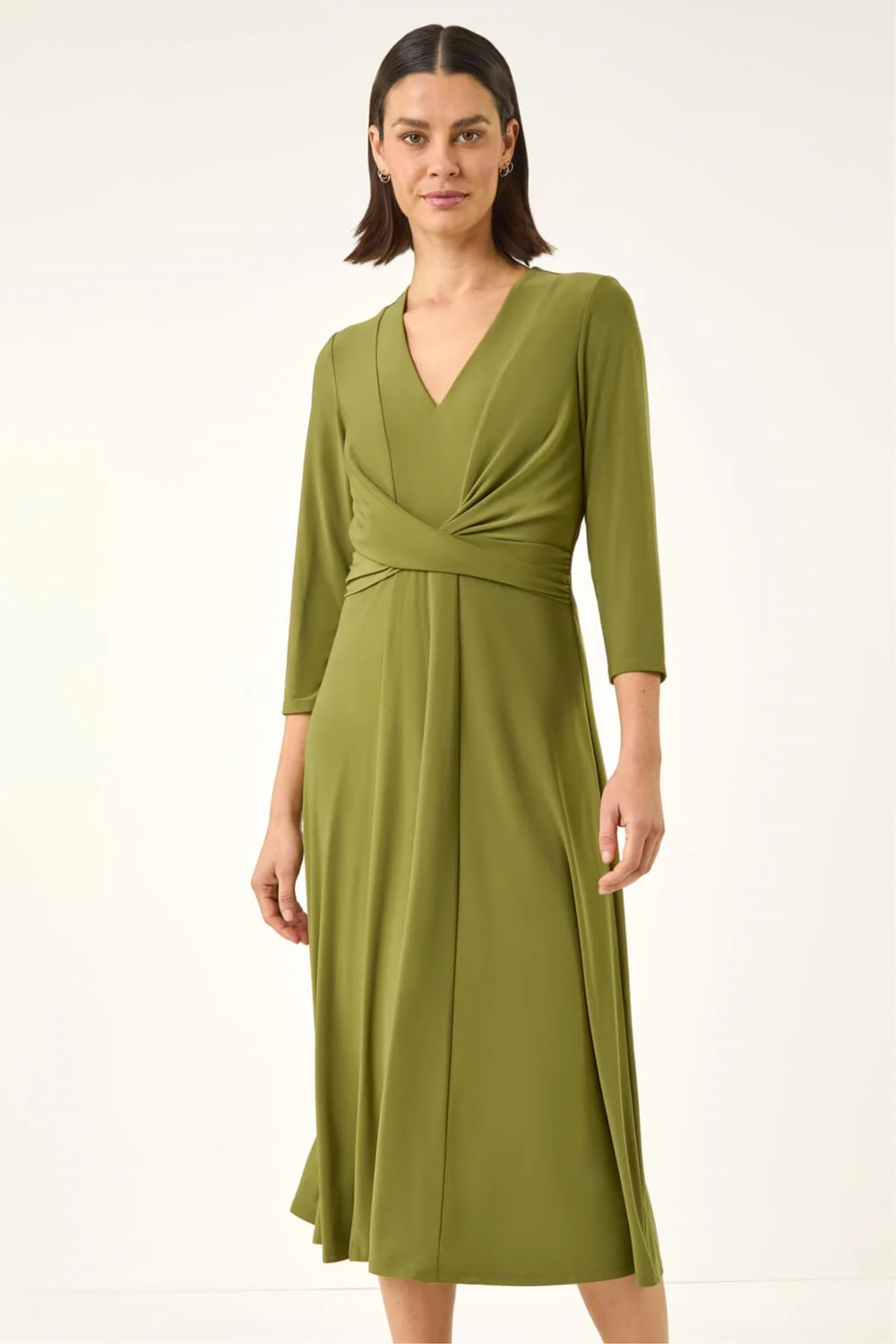 Roman Khaki Stretch Crossover Midi Dress - 16 Image 2