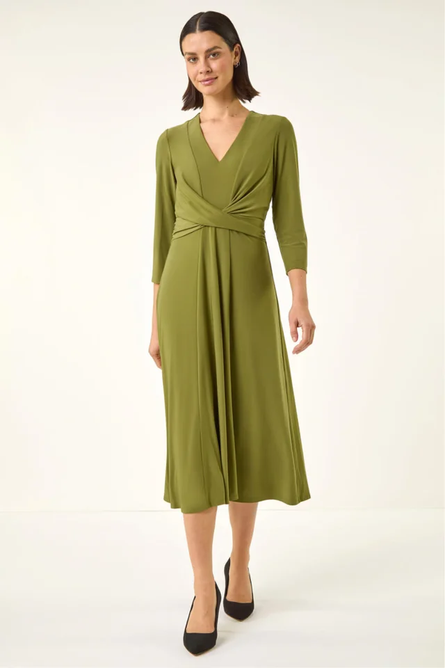 Roman Khaki Stretch Crossover Midi Dress