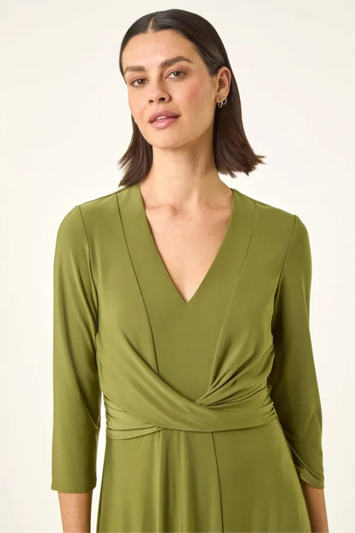 Roman Khaki Stretch Crossover Midi Dress - 16 Image 4