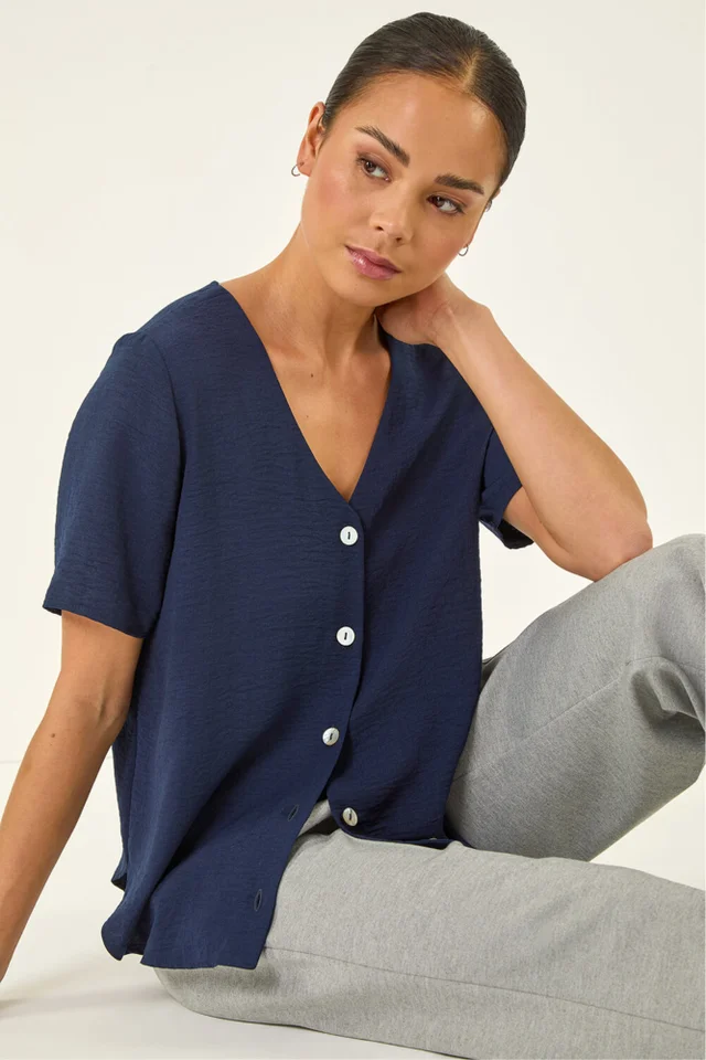 Roman Navy Petite V-Neck Button Through Blouse