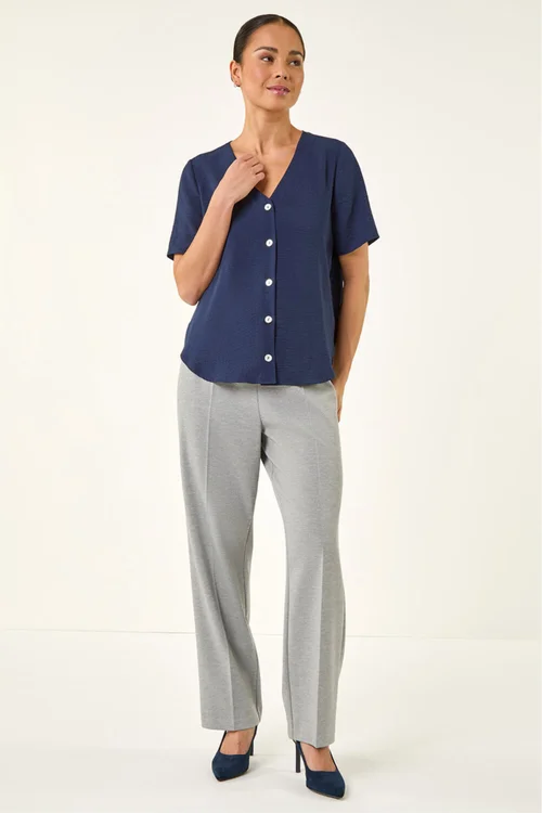 Roman Navy Petite V-Neck Button Through Blouse - Size 14 Image 2