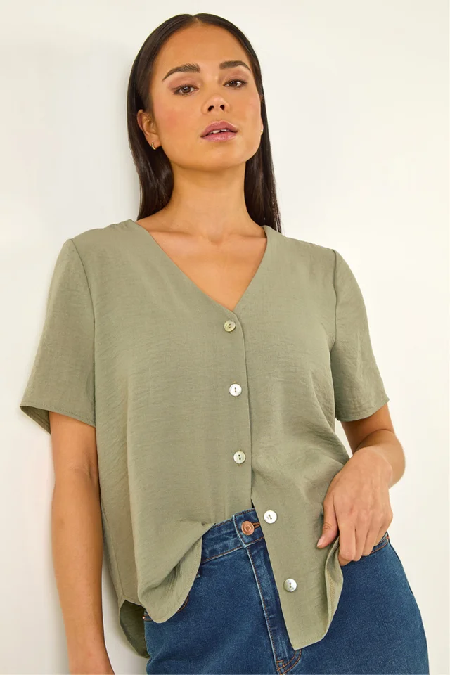 Roman Khaki Petite V-Neck Button Through Blouse