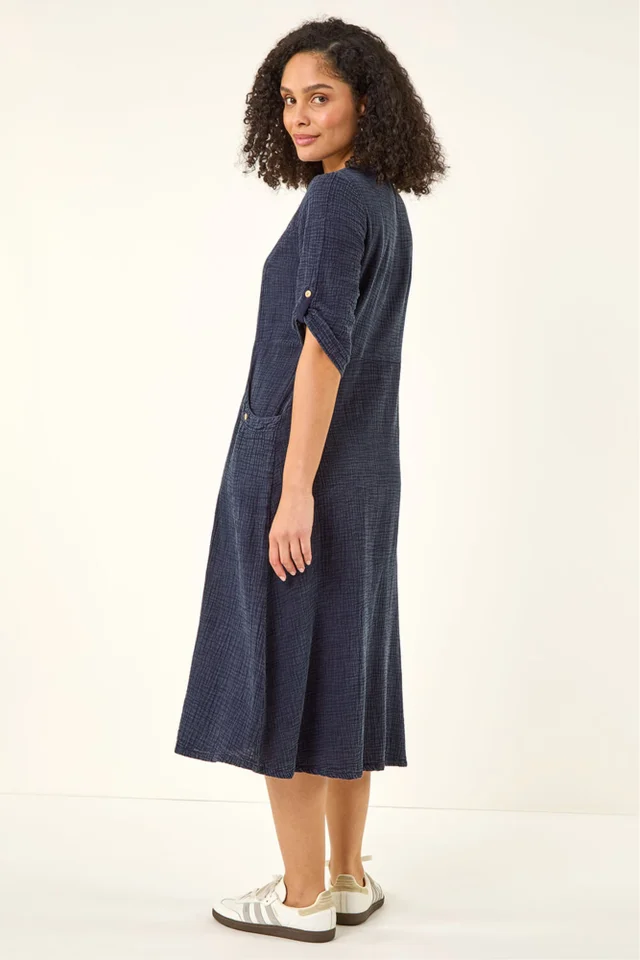 Roman Denim Textured A-Line Midi Dress