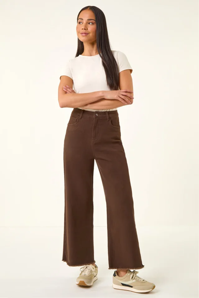 Roman Chocolate Petite Cotton Frayed Hem Trouser
