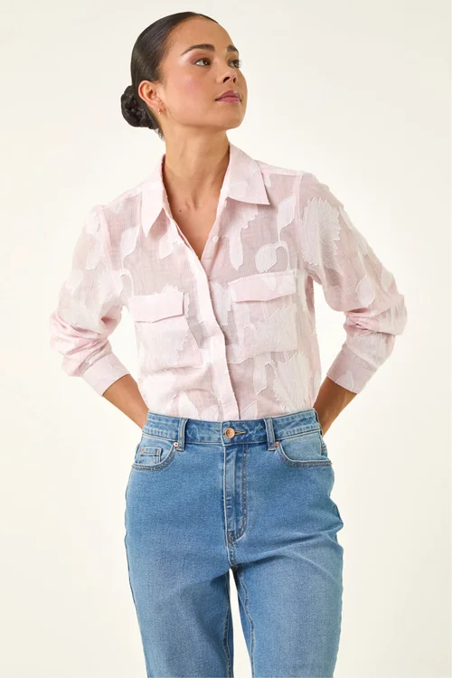 Roman Pink Petite Floral Jacquard Buttoned Blouse - Size 14 Image 4