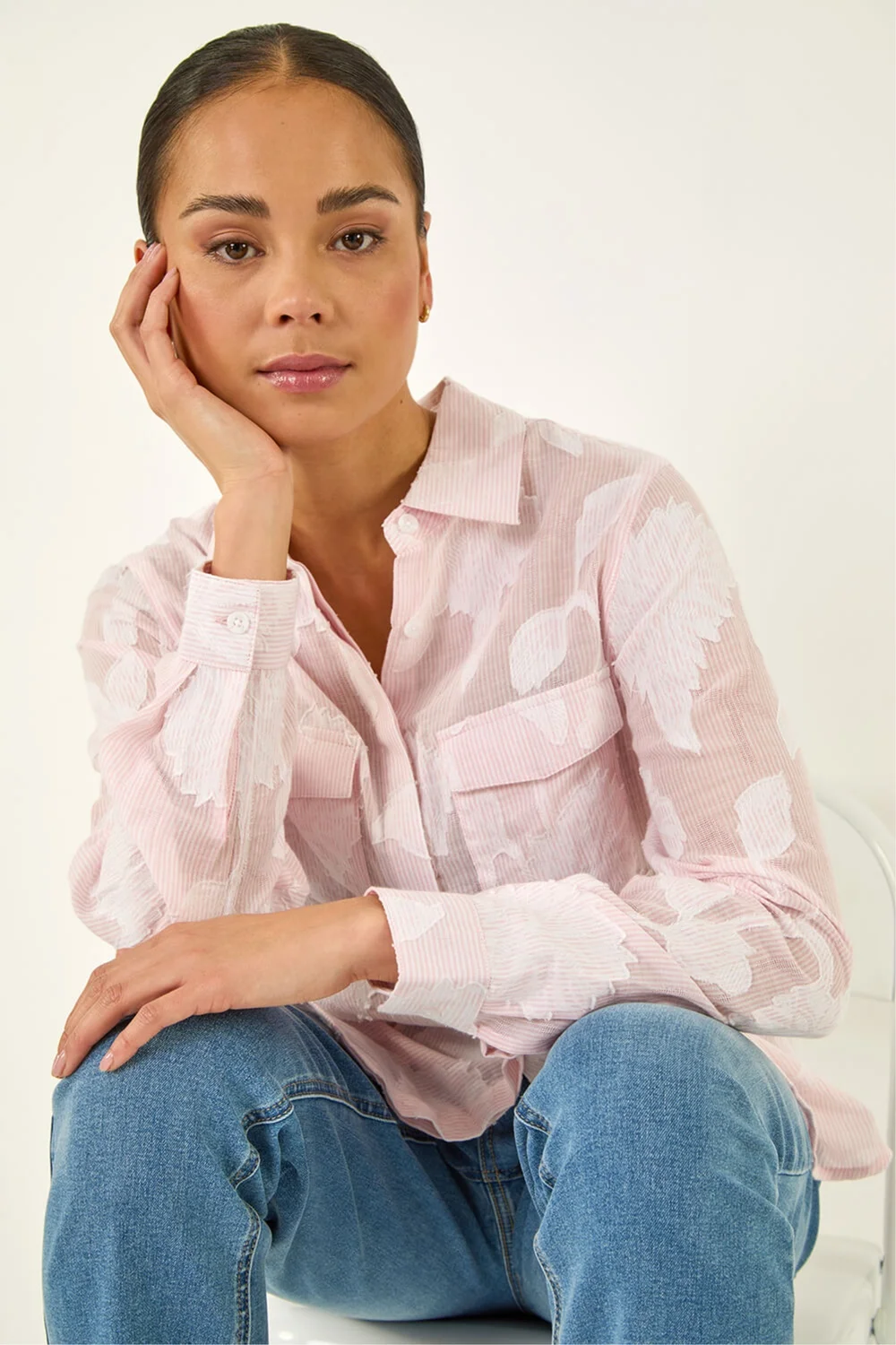 Roman Pink Petite Floral Jacquard Buttoned Blouse - Size 14 Image 1