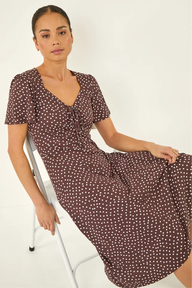 Roman Chocolate Petite Spot Drawstring Midi Dress