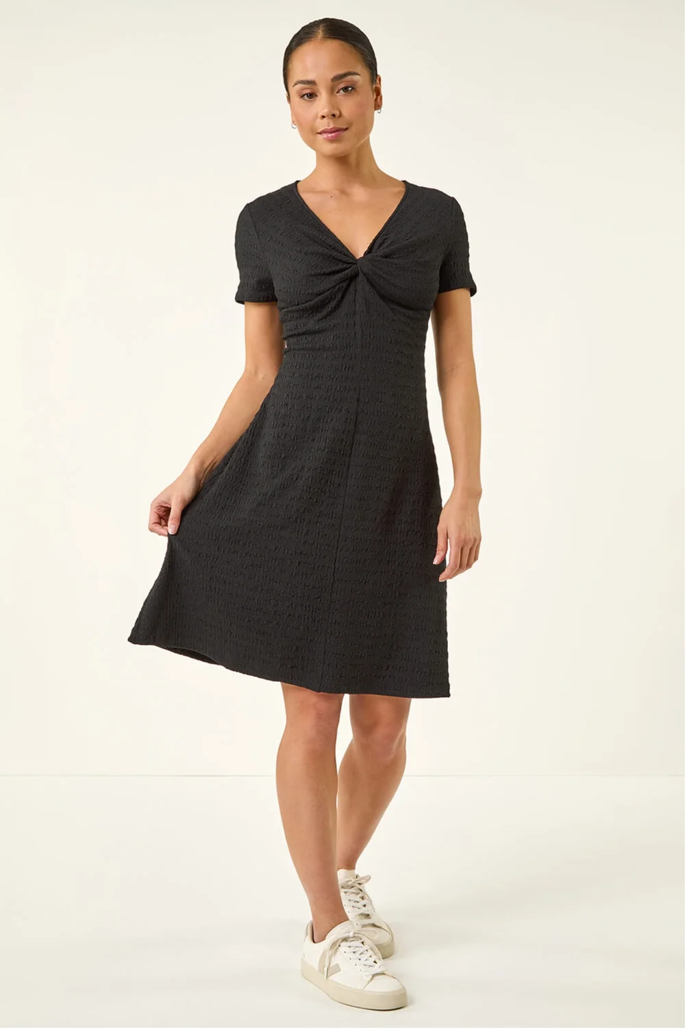 Roman Black Petite Textured Twist Front Dress - 14 Image 2