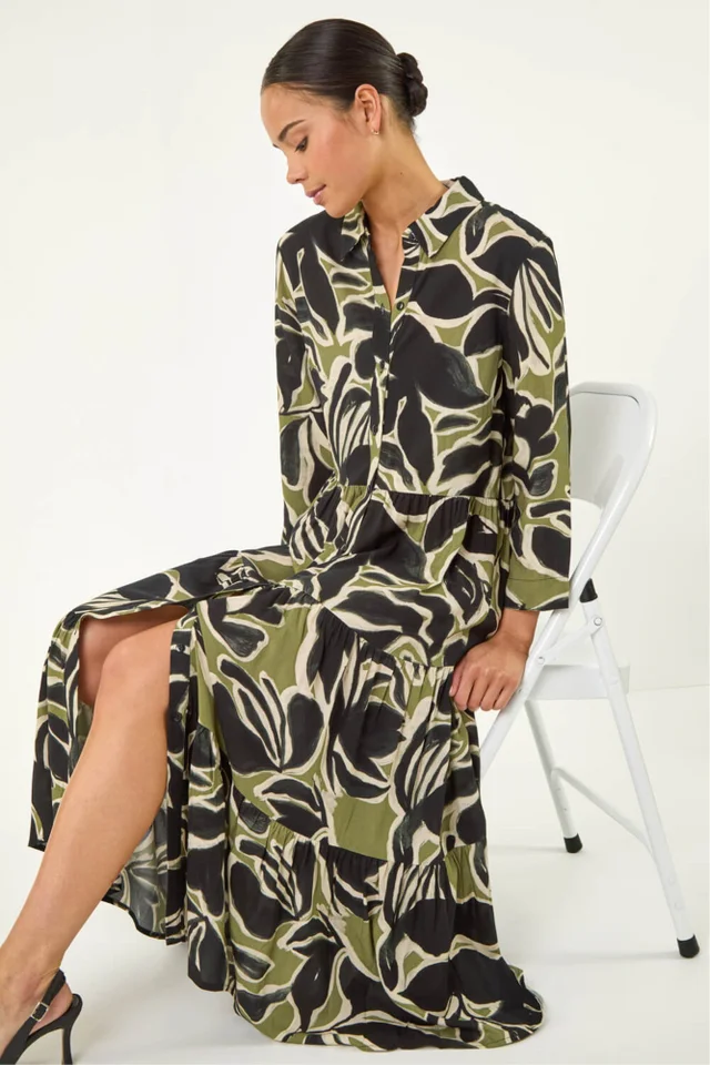 Roman Khaki Petite Tiered Midi Dress