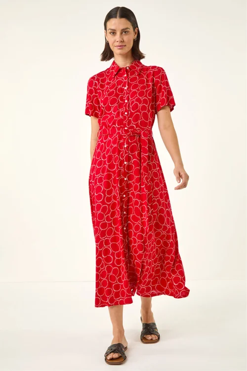Roman Red Geo Print Belted Shirt Dress - Size 20 Image 2