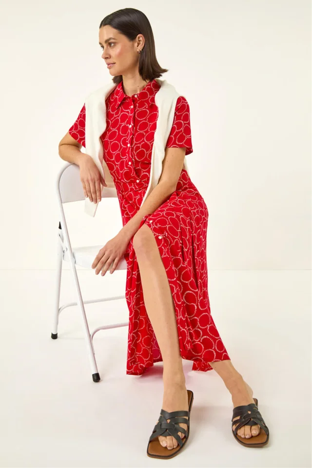 Roman Red Geo Print Belted Shirt Dress