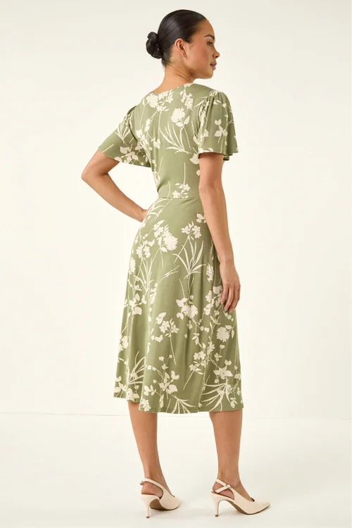 Roman Khaki Petite Floral Shirred Waist Dress - 16 Image 3