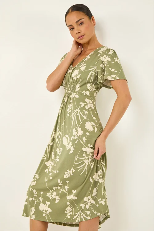 Roman Khaki Petite Floral Shirred Waist Dress - 16 Image 1