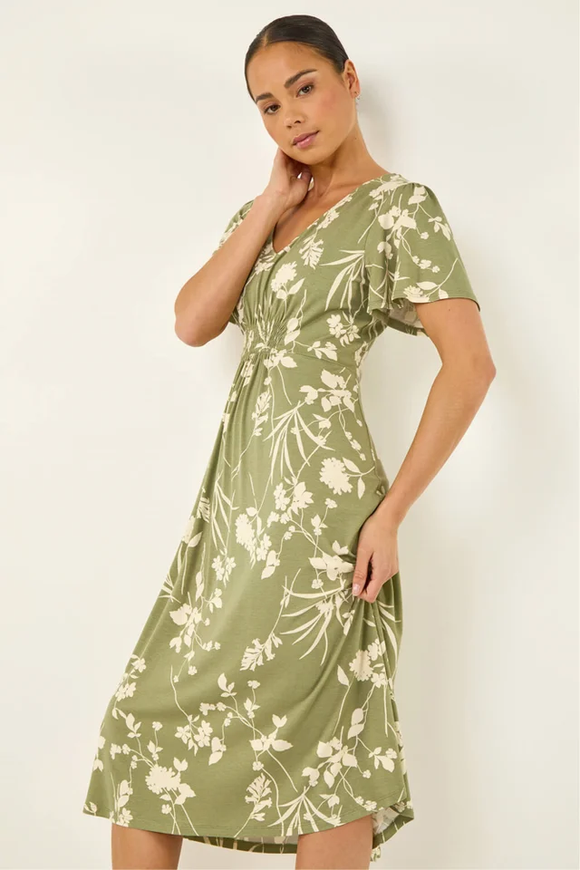 Roman Khaki Petite Floral Shirred Waist Dress