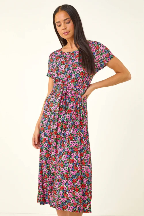 Roman Red Petite Floral Tie Front Stretch Midi Dress - Size 16 Image 4