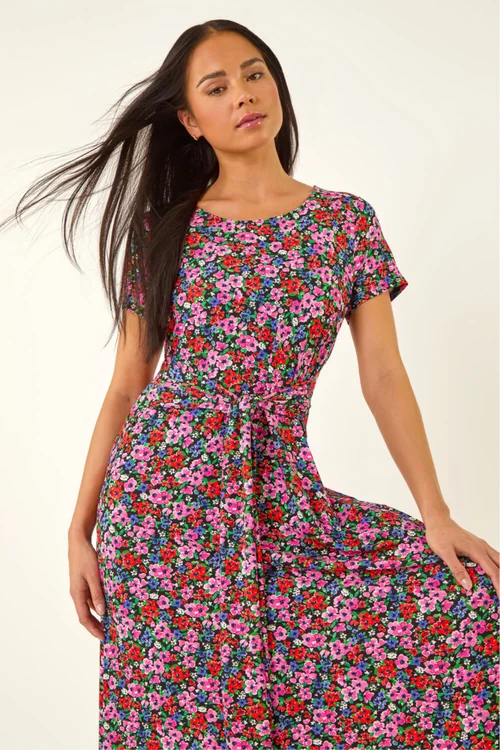 Roman Red Petite Floral Tie Front Stretch Midi Dress - Size 16 Image 1