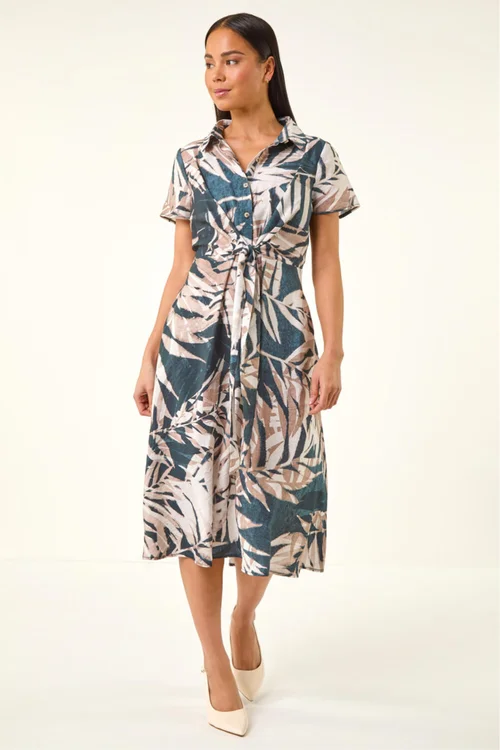 Roman Black Petite Leaf Print Tie Midi Dress - 12 Image 2