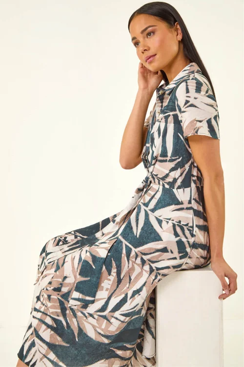 Roman Black Petite Leaf Print Tie Midi Dress - 12 Image 1