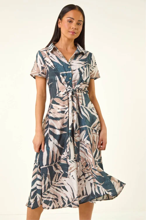 Roman Black Petite Leaf Print Tie Midi Dress - 12 Image 4