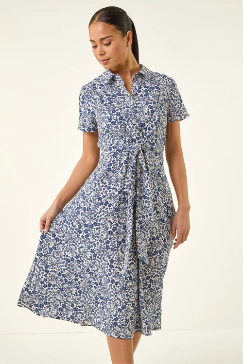 Roman Blue Petite Ditsy Tie Front Midi Dress - 16 Image 4