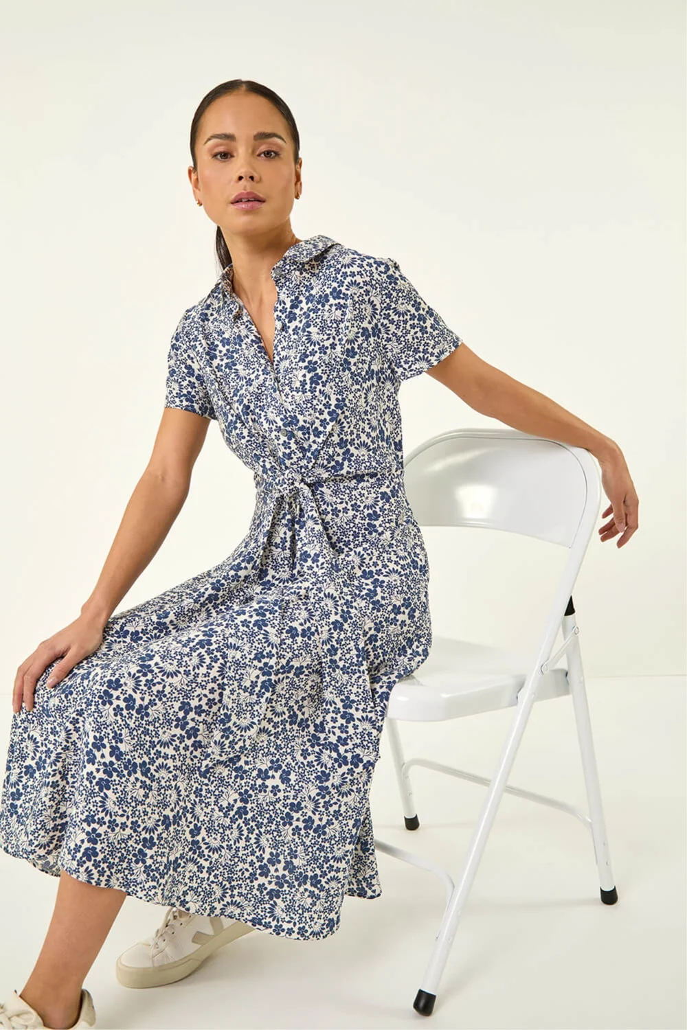 Roman Blue Petite Ditsy Tie Front Midi Dress - 16 Image 1