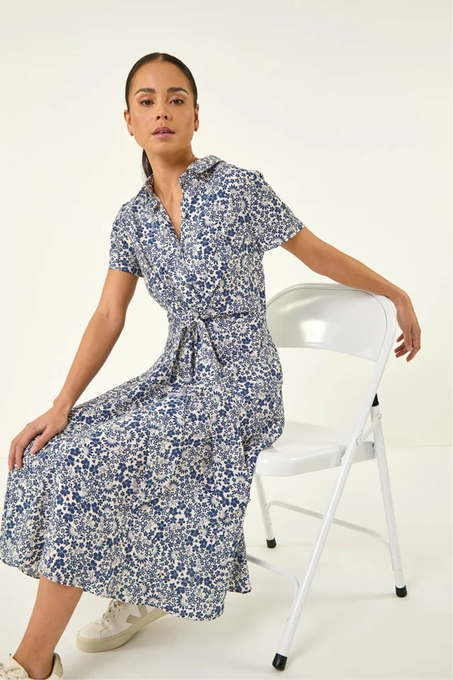Roman Blue Petite Ditsy Tie Front Midi Dress