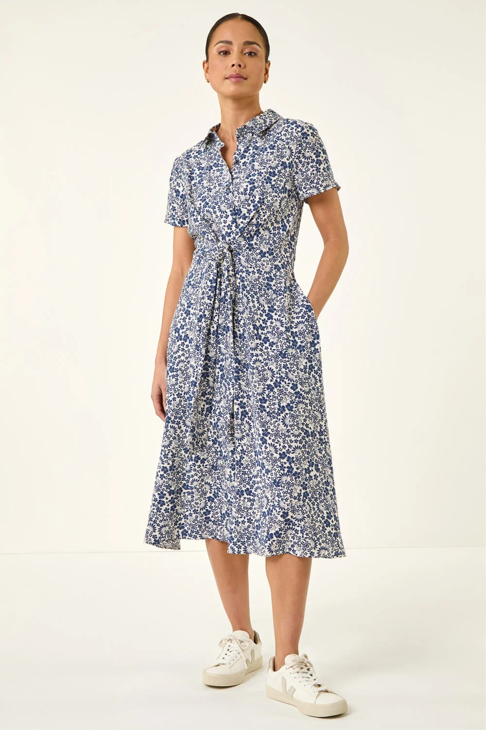 Roman Blue Petite Ditsy Tie Front Midi Dress - 16 Image 2