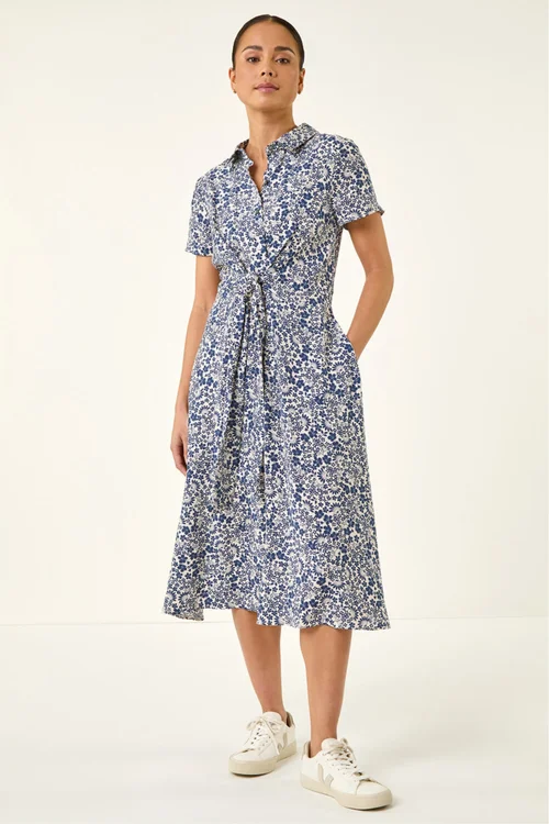 Roman Blue Petite Ditsy Tie Front Midi Dress - 16 Image 2