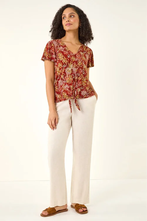 Roman Red Floral Tie Front Stretch Top - Size 18 Image 1