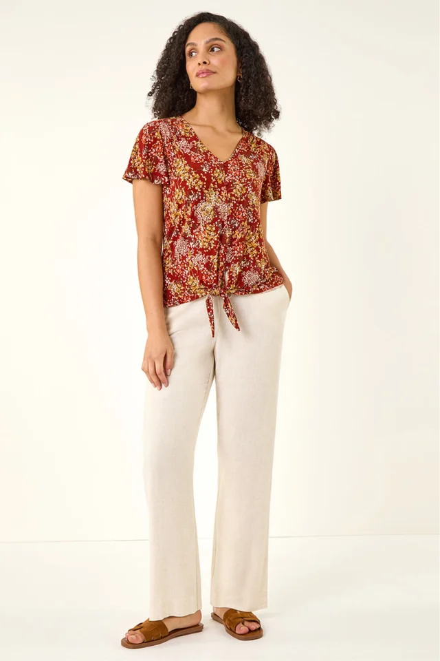 Roman Red Floral Tie Front Stretch Top
