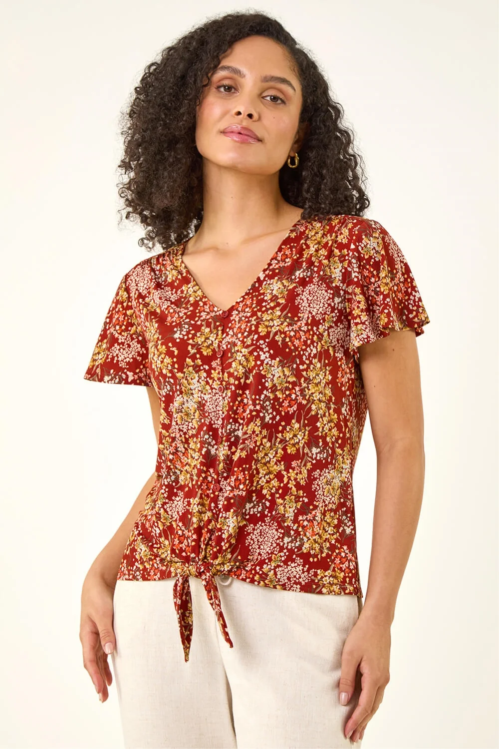 Roman Red Floral Tie Front Stretch Top - Size 18 Image 2