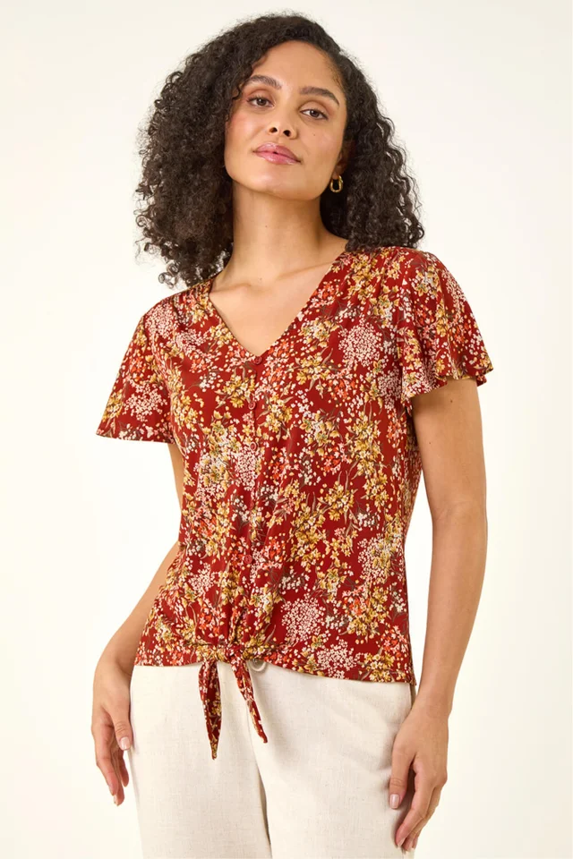 Roman Red Floral Tie Front Stretch Top