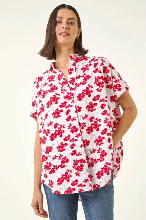 Roman Red Floral Print Pleat Neck Top - Size 20 Image 4