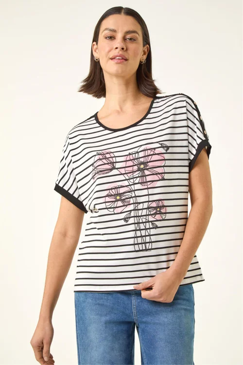 Roman Black Floral Stripe Print T-Shirt - Size 20 Image 2