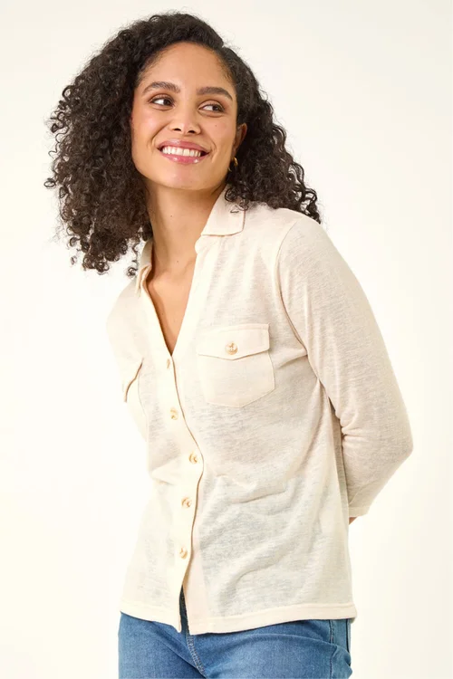 Roman Cream Pocket Front Stretch Blouse - 12 Image 1
