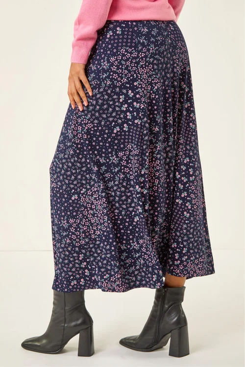 Roman Navy Floral Print Stretch Midi Skirt - 12 Image 4